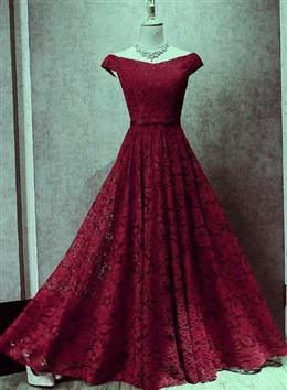 Picture of Dark Red Color Lace Off Shoulder Bridesmaid Dresses, Long Prom Dresses